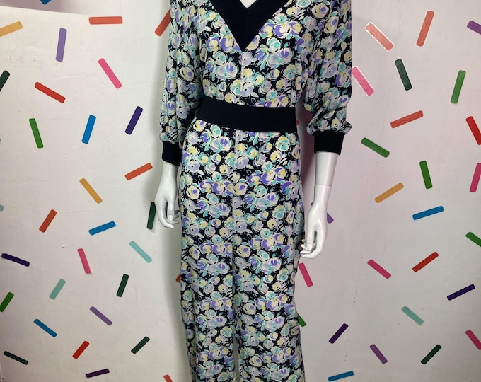 1980s true vintage floral design low cut silk jumpsuit Size 12