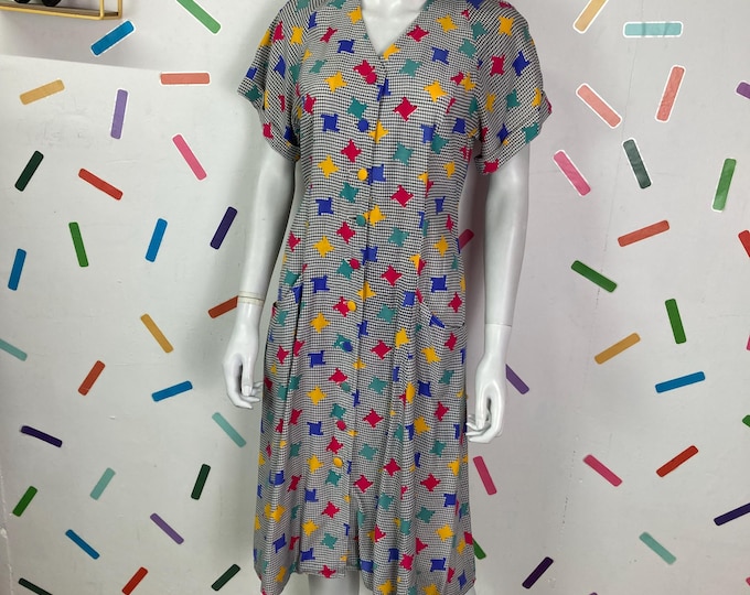 1990s true vintage black / white chevron / colour pop midi dress size 12