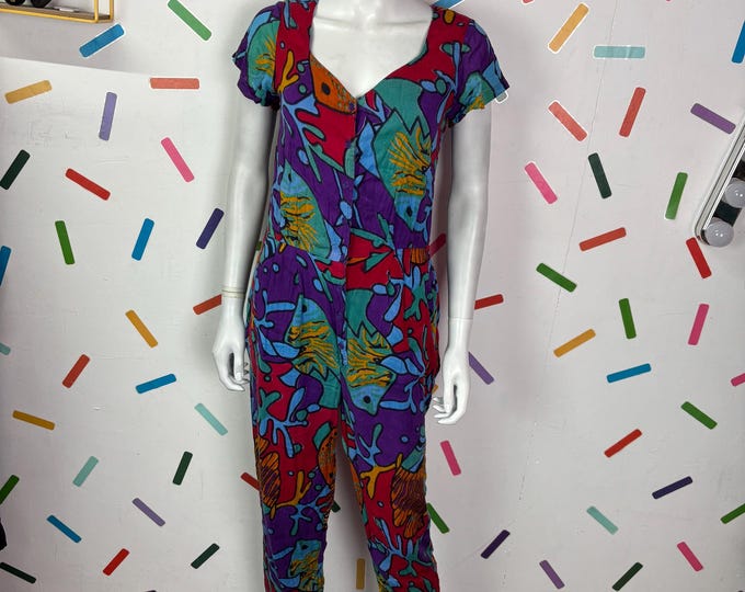 1980s True vintage blue / red tropical design jumpsuit size 8/10