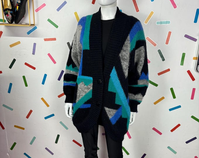 1980s true vintage block / geo design cardigan  black / blue / grey - size up to 14 / 16