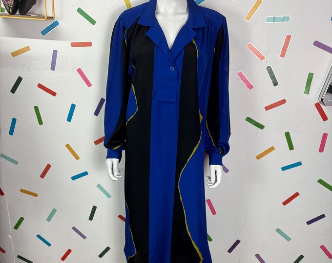 1980s True vintage blue and yellow geo long sleeve midi dress  - size 12/14