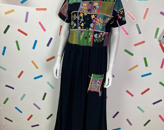 True vintage black embroidery design maxi dress   -  size 12 Rare Michael Simon