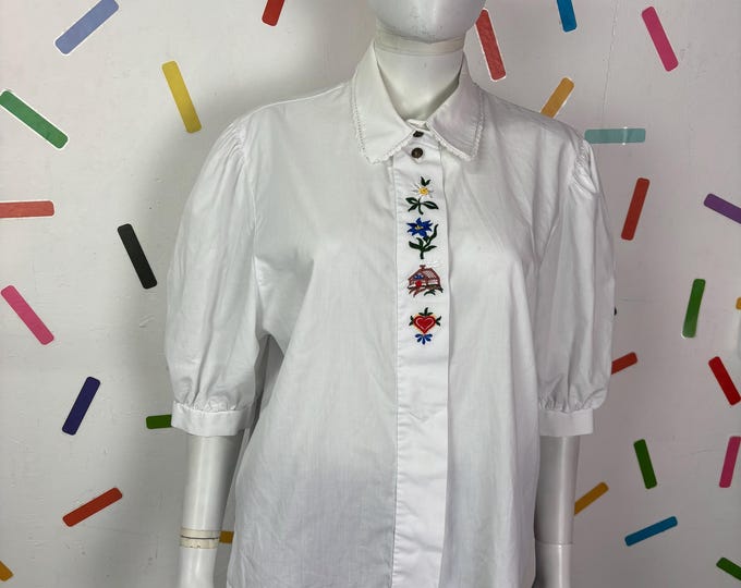 True vintage Austrian / Germanic dirndl design white blouse with red floral embroidery - size  12/14