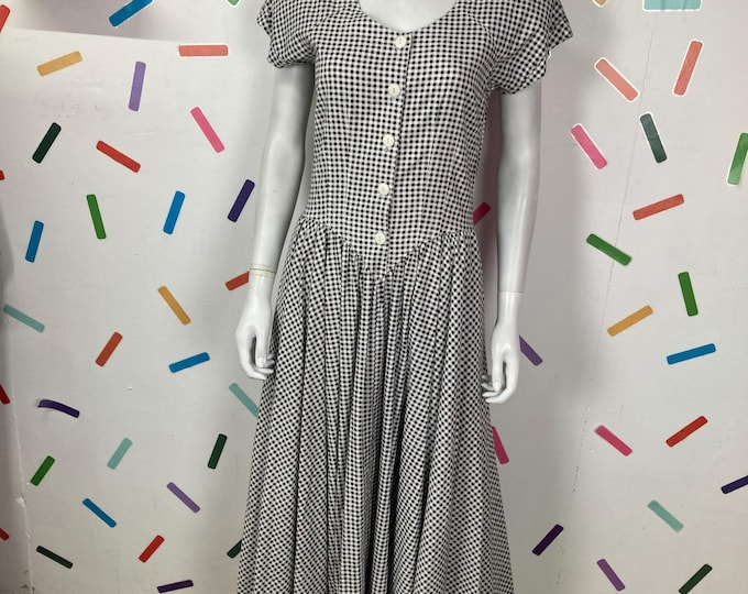 1980s true vintage black and white check midi dress Size 12/14