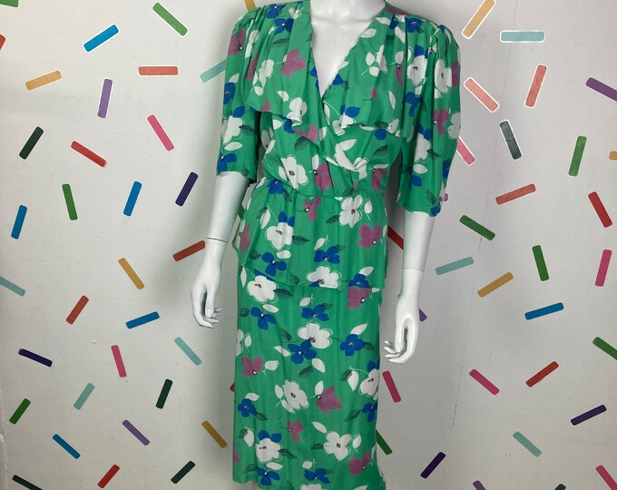 1980s true vintage green floral peplum midi dress with puff sleeve size 14