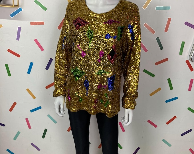 1980s true vintage musical note gold sequin long sleeve top Size 12/14