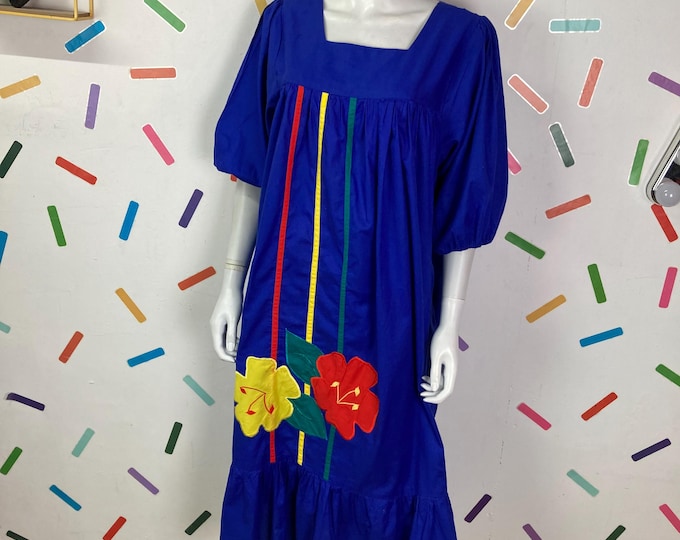 vintage bright blue summer smock dress with floral applique  design midi dress  -  size 14/16