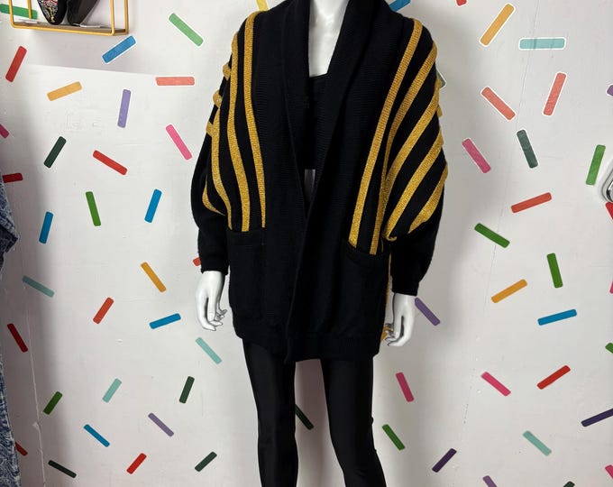 1980s true vintage black / gold batwing design line cardigan size 14/16