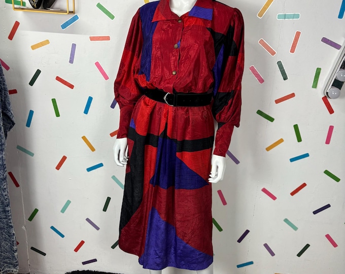 1980s True vintage red and blue geo long sleeve midi dress  - size 16/18
