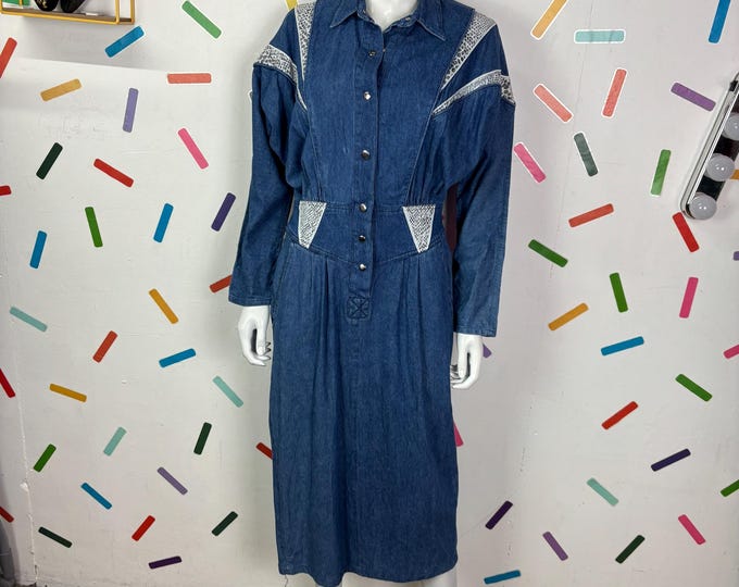 1980s true vintage dark denim western design midi dress with snakeskin details size 12