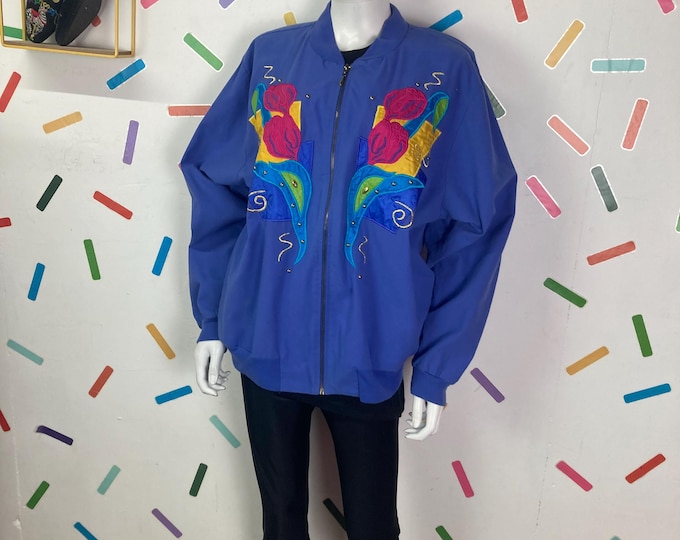 1980s vintage purple applique design bomber jacket with pockets size 16