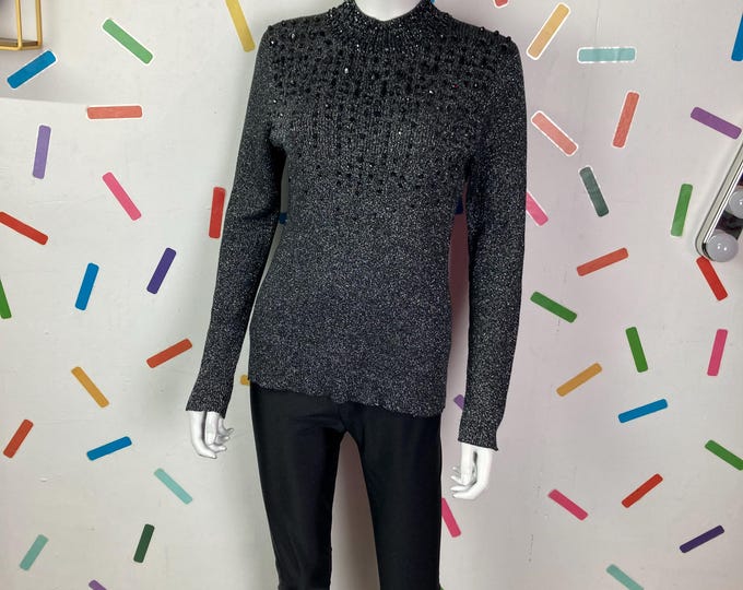 1980s true vintage silver knitted stretch top -  beaded top size 10-14