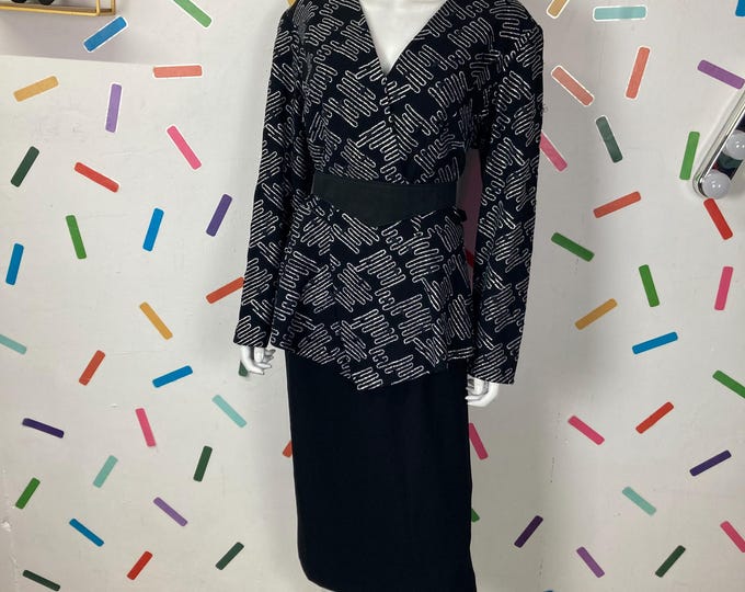 SALE - 1980s true vintage 2 piece set top / skirt black and silver Size 12
