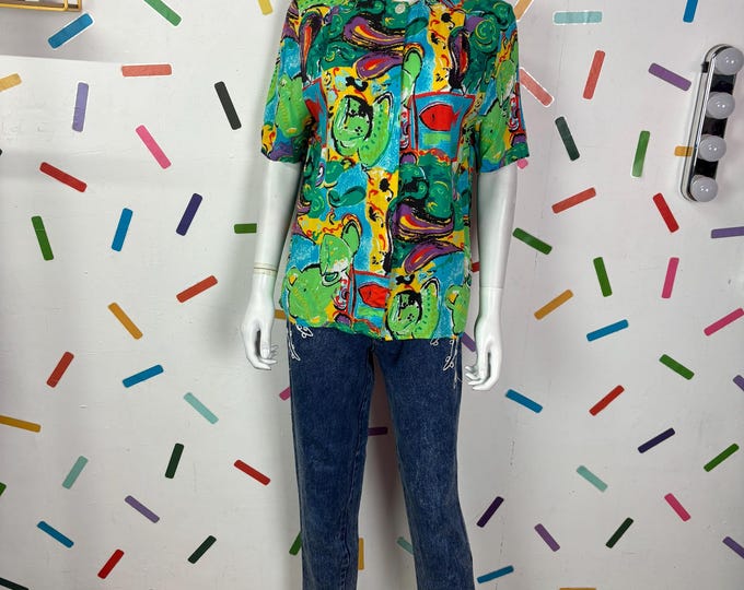 1980s true vintage geo / abstract design green short sleeve top - Size 12