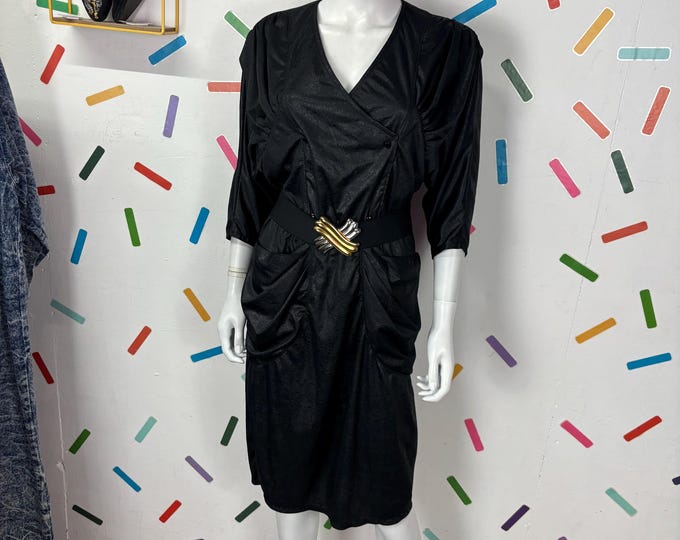True vintage black long sleeve midi wet look dress -  Size 12/14