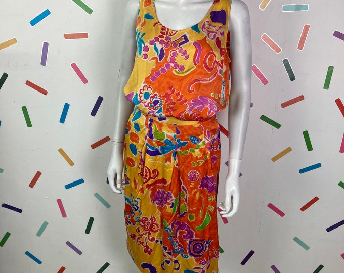 80s true vintage abstract / beach design 2 piece set - top and skirt size 12