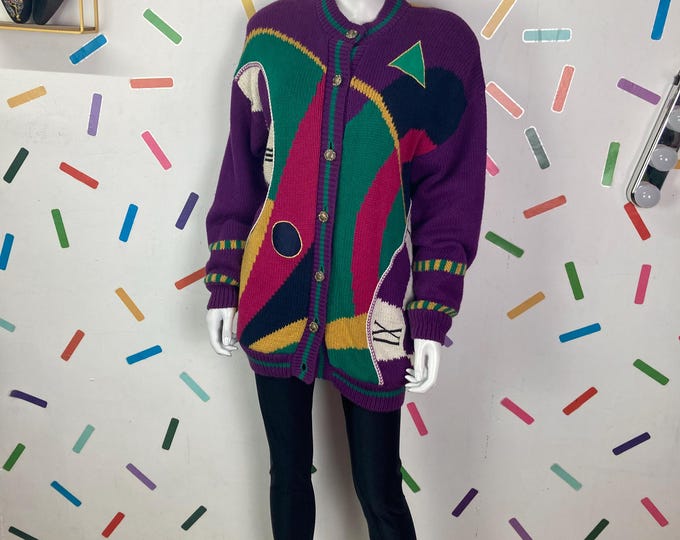 1980s vintage abstract clock design long line cardigan size 14