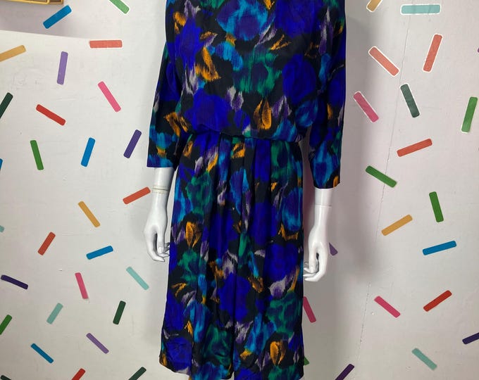 80s vintage bright blue / green  / yellow midi dress with size 10/12