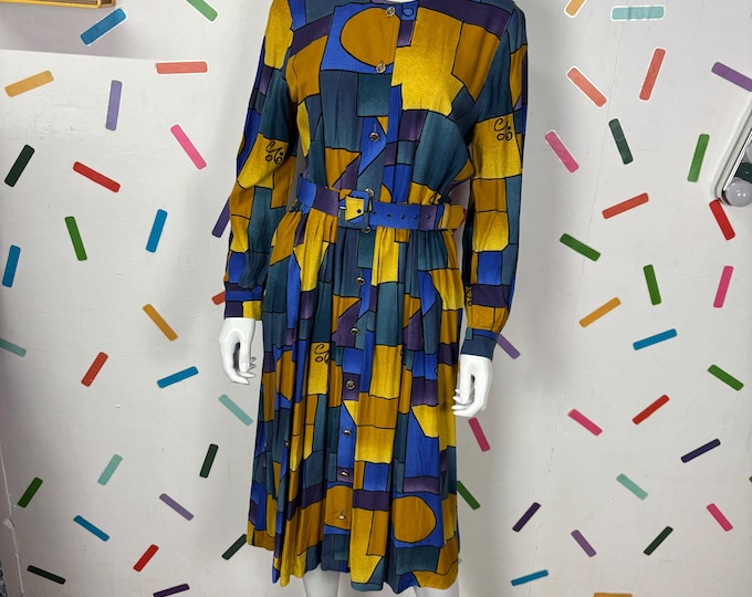 1980s true vintage geo abstract design long sleeve midi dress size 14/16
