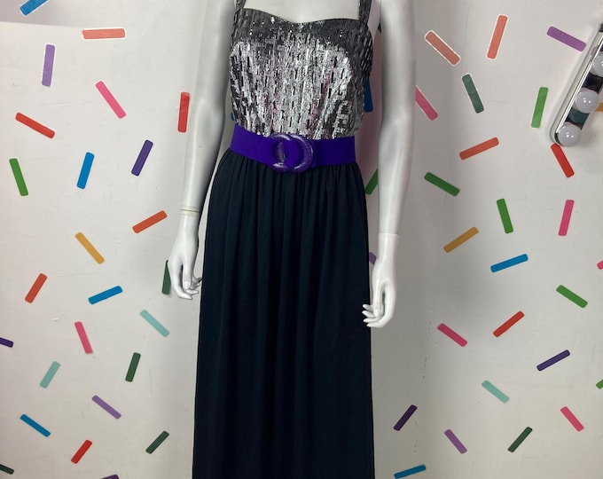 SALE - True vintage 1970s black and silver maxi dress Size 14/16
