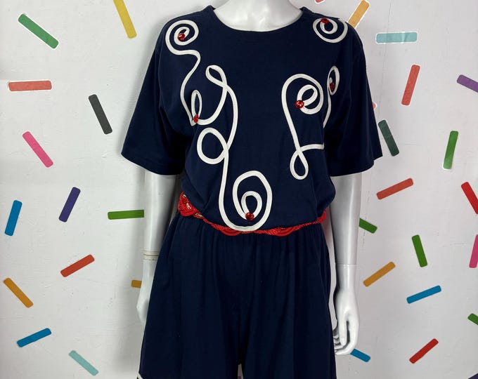 1980s true vintage navy nautival  rope design playsuit with pockets-  Size 14