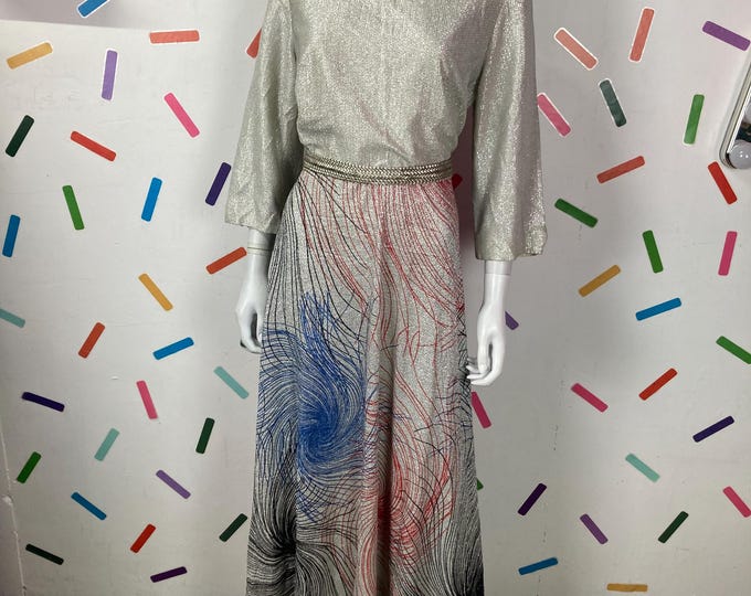 1970s true vintage silver lurex maxi dress with swirl details Size 16/18