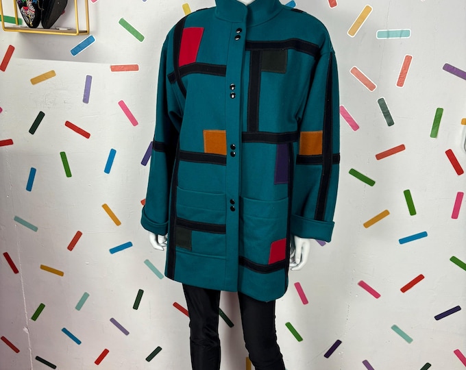 1980s true vintage teal block colour wool coat size 14