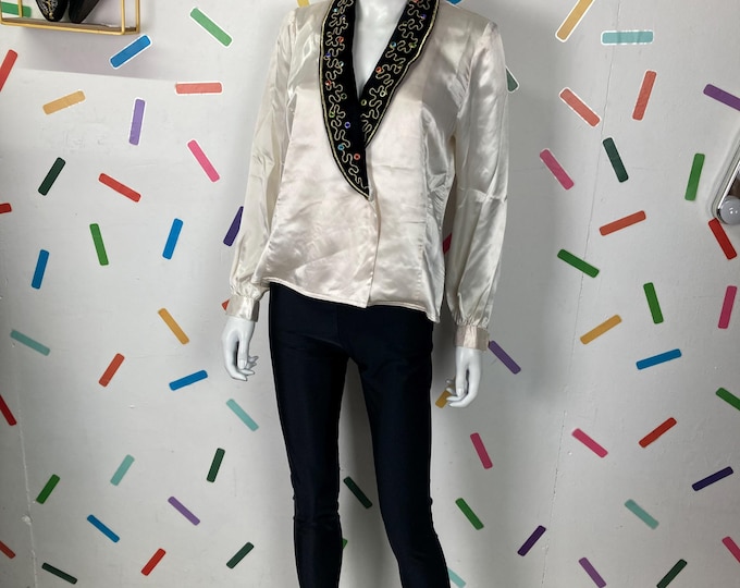 1980s true vintage white satin jewel collar blouse Size up to 12