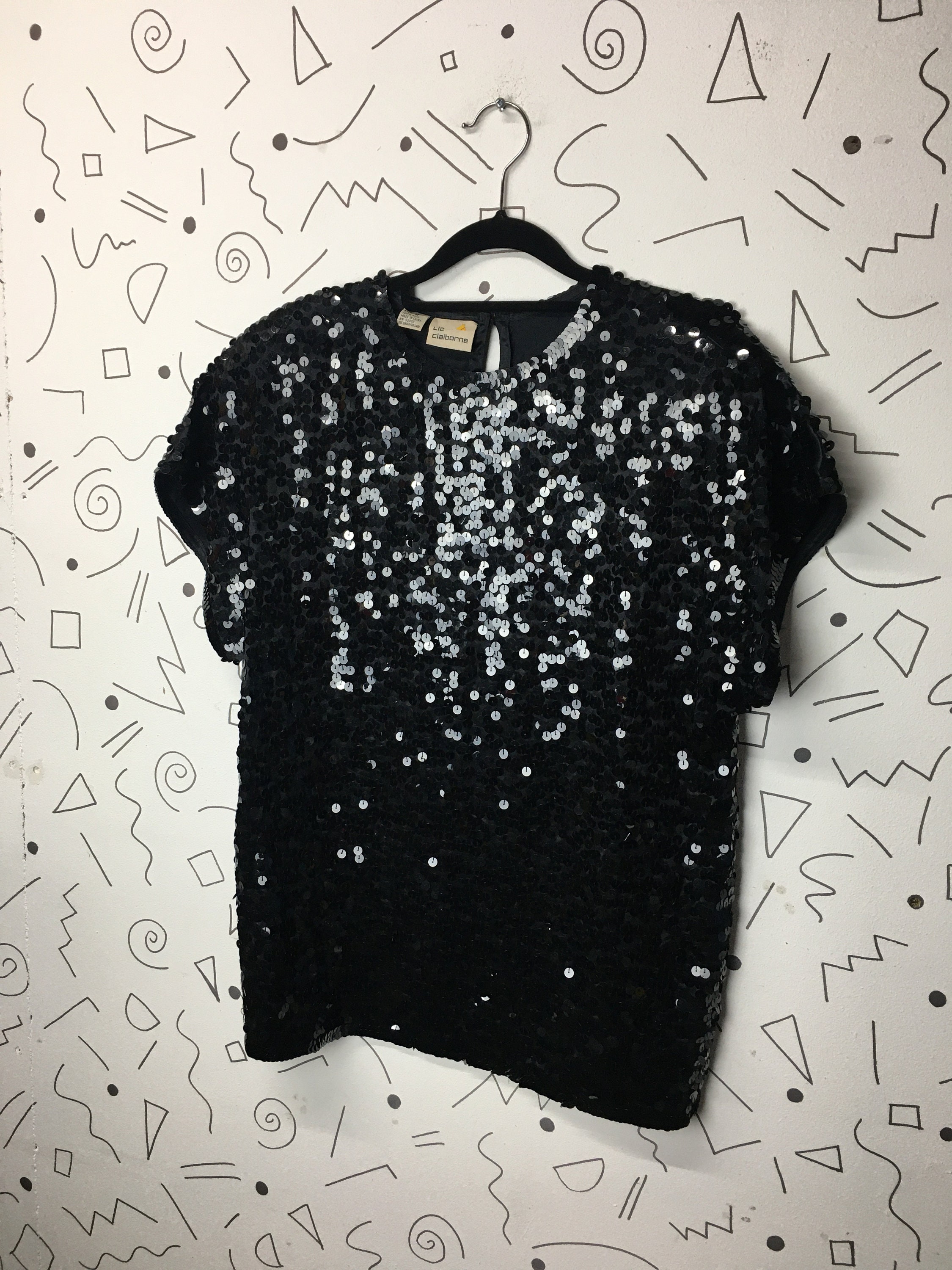 Image of True Vintage S Short Sleeve Black Sequin Top Size /