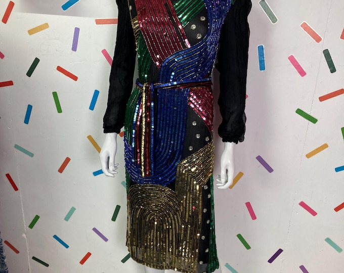 1980s true vintage geometric design long sleeve dress size 8-10