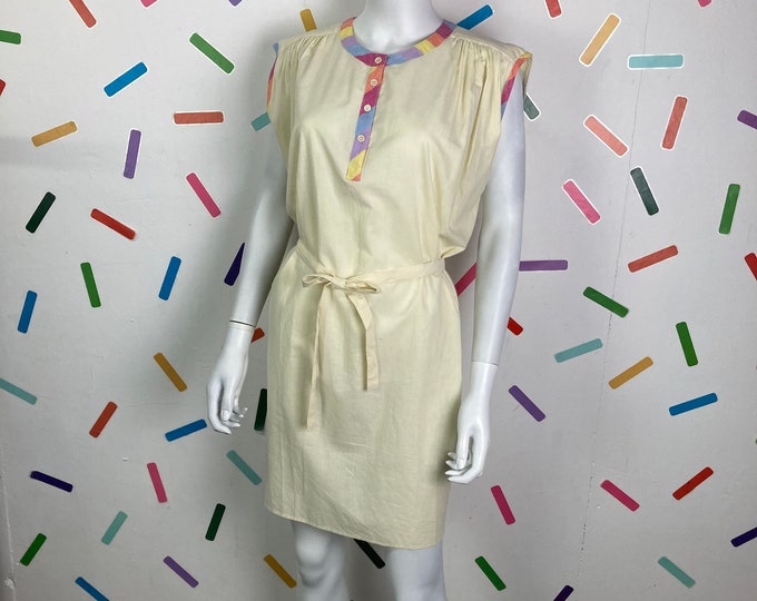 80s True vintage pale lemon yellow summer dress with belt - size 16