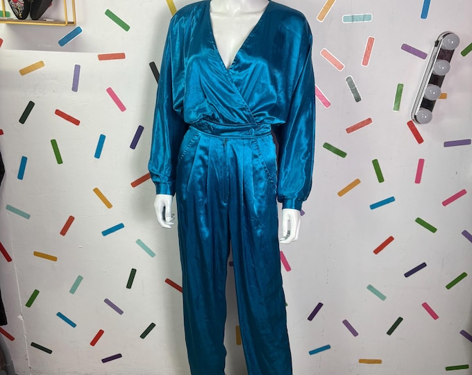 1980s true vintage teal batwing satin disco jumpsuit size 8/10
