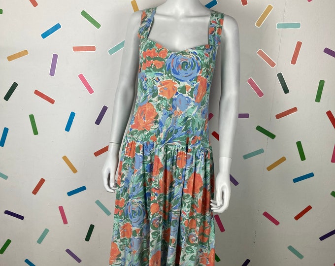 1980s true vintage green/blue/peach design cross back dress size 10-14