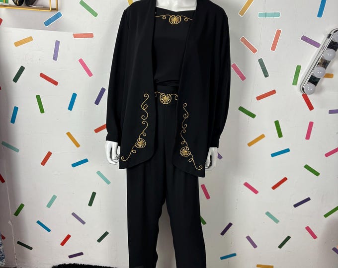 1980s true vintage black gold 3 piece set  jacket trousers tops -Size 14/16