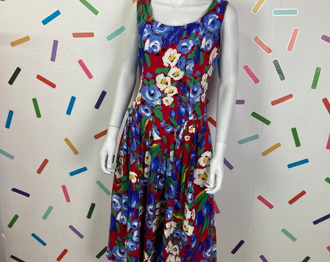 1980s true vintage floral midi summer dress, red, blue, green size 12/14 pockets