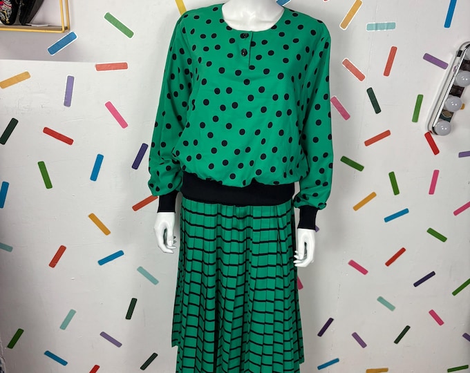 1980s true vintage bright green and black polka dot midi dress - Size 12/14