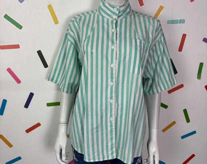 1980s true vintage green/ white stripe short sleeve top size 12/14