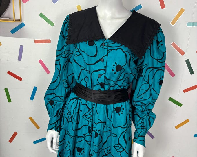 1980s true vintage teal and black abstract design collar midi dress size 14/16