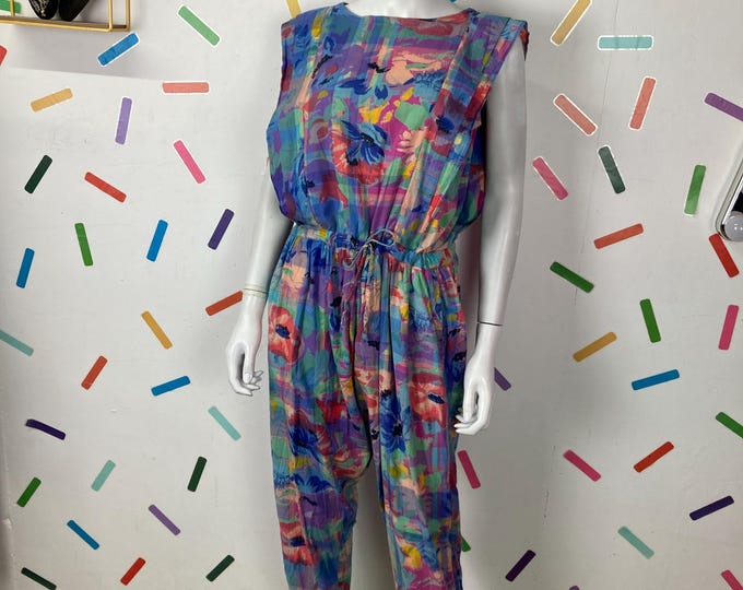 80s true vintage check / floral button back jumpsuit with pockets size 10/12