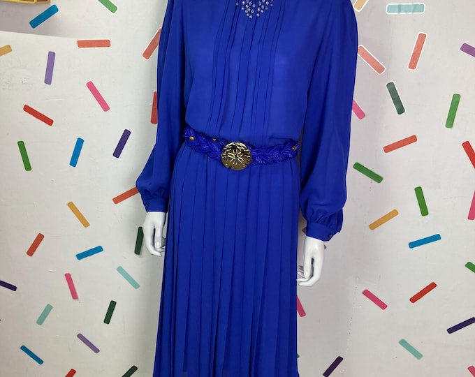 1980s true vintage bright blue midi dress with neck detail  size 12/14