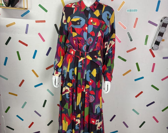 1980s true vintage geo abstract design long sleeve midi dress size 14/16