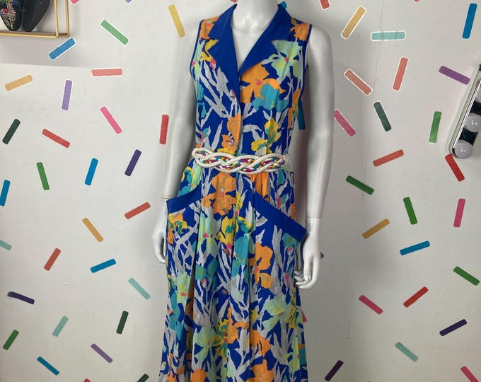1980s true vintage tropical collar midi dress / blue / yellow Size 10/12