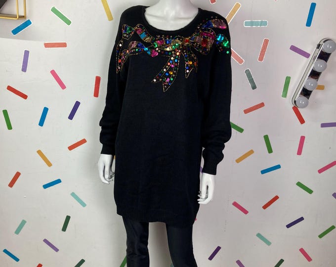 1980s true vintage black  sequin bow design long line jumper / dress  Size 14