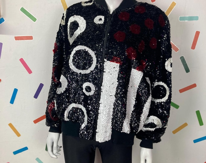 1980s true vintage geometric design sequin bomber jacket red/white / black Size 14/16