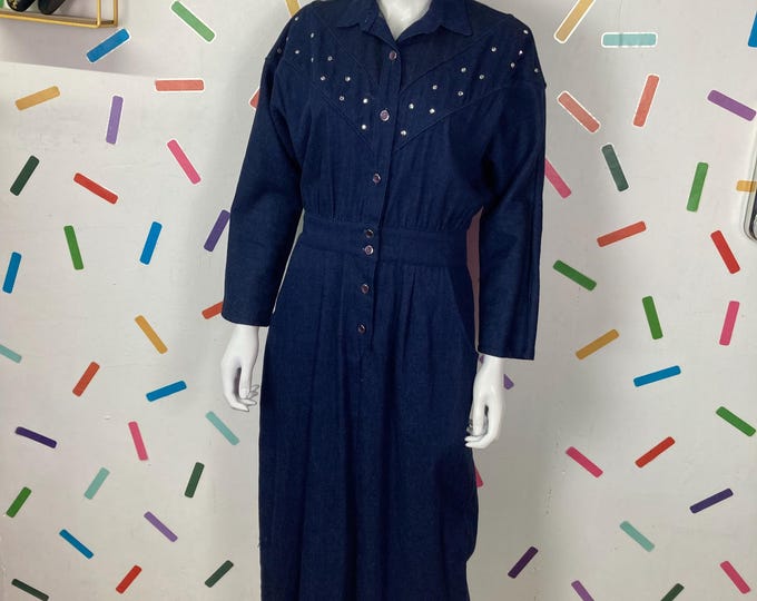 1980s true vintage denim batwing dress with jewel detail and pockets - size 12/14