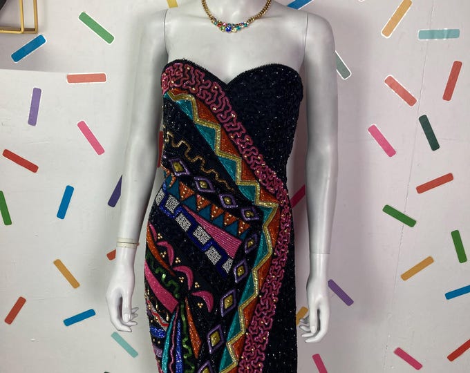 1980s true vintage geo sequin boob tube dress size 10