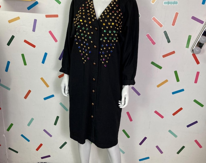 1980s true vintage denim Jewel studded midi dress size 12/14