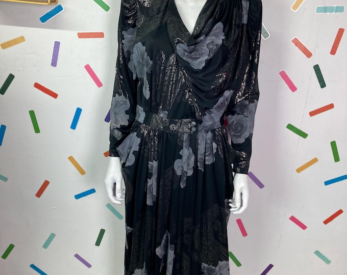 1980s true vintage black / silver floral design midi dress  size 12-16