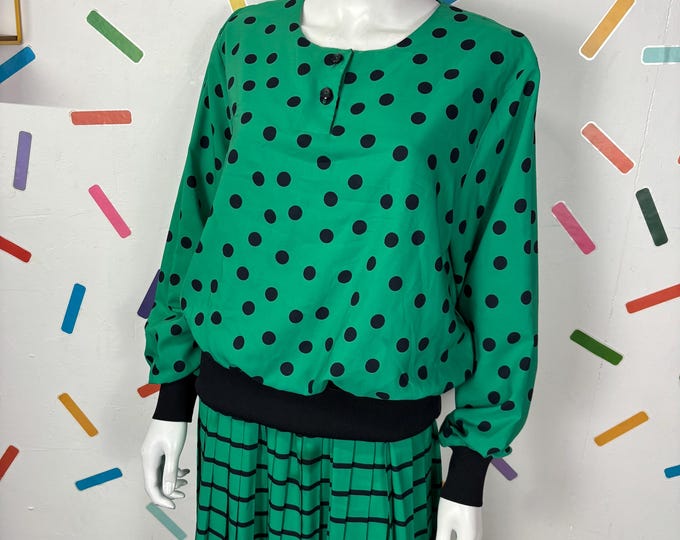 1980s true vintage bright green and black polka dot midi dress - Size 12/14