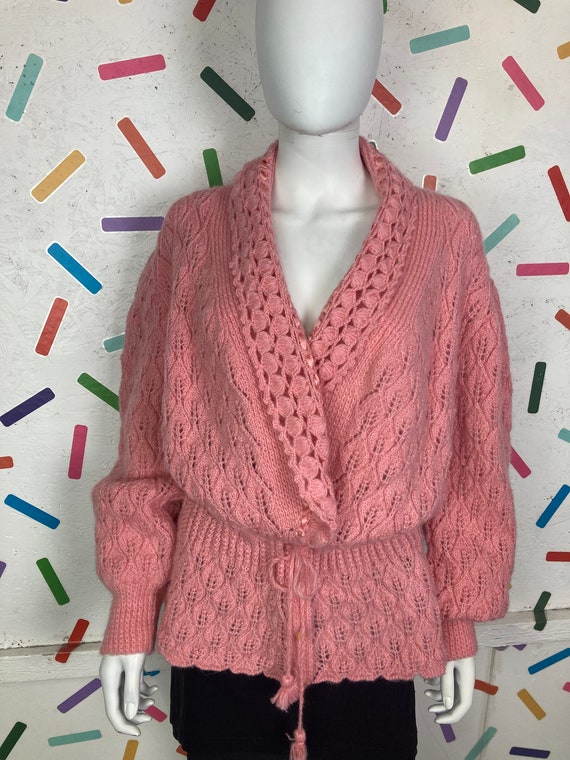 1980s true vintage pink hand knitted tie waist ca… - image 6